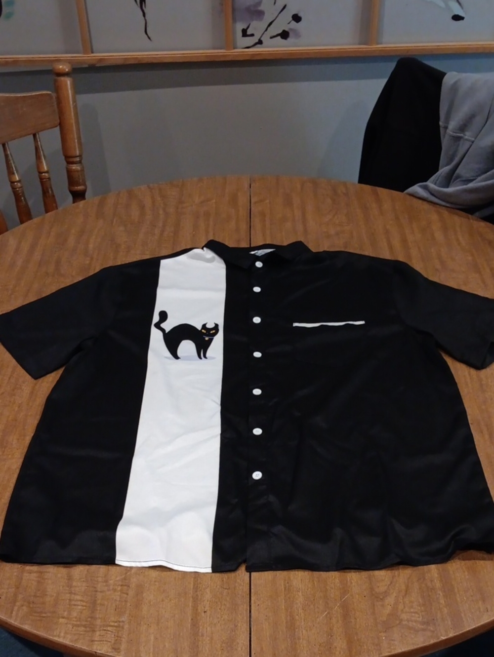 Black and White Short-Sleeve Button-Up Shirt with Cat Motif